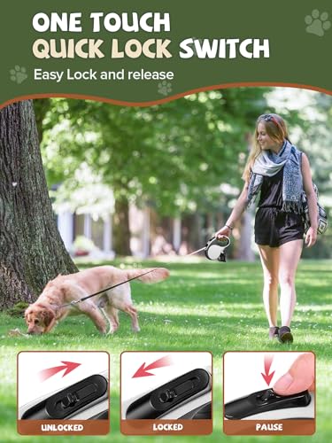 Retractable Dog Leash with Led Light, Douexio 16ft Heavy Duty Dog Leash Retractable for Medium Large Dogs Up to 110lbs,360° Tangle-Free, One-Button Control, High Strength Hook (White, 66-110lbs) - color: White, size: 66-110lbs