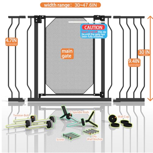 30-47.6" Baby Gate for Stairs & Doorways,Auto Close Extra Wide Dog Gate for House, Pressure-Mounted Safety Gate,with 180°Swing & Dual Lock, with Large Walk Thru Door, for Toddlers and Pets,Black