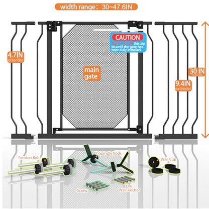 30-47.6" Baby Gate for Stairs & Doorways,Auto Close Extra Wide Dog Gate for House, Pressure-Mounted Safety Gate,with 180°Swing & Dual Lock, with Large Walk Thru Door, for Toddlers and Pets,Black