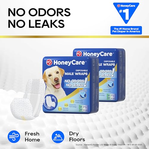 HONEY CARE All-Absorb A25 Male Dog Wrap, 50 Count, Medium, White - size: Medium -50 Count ( Pack of 1)