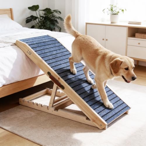 ZJSF Wooden Dog Ramp for High Bed & Couch, 40" L x 17" W Dog Stairs for Bed with 5 Adjustable Heights (13"-23.5"), Non-Slip Walking Surface, Portable Pet Ramp for Sofa, Car, Supports Up to 150 lbs - size: 40"L X 16.5"W
