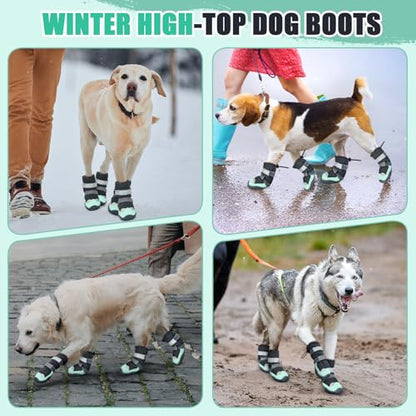 SlowTon Dog Shoes - Waterproof Dog Snow Boots for Winter, Warm Booties with Non-Slip Rubber Sole, Reflective Paw Protector for Large Small Medium Dogs Walking on Winter Cold Pavements Rain (Green, 8)