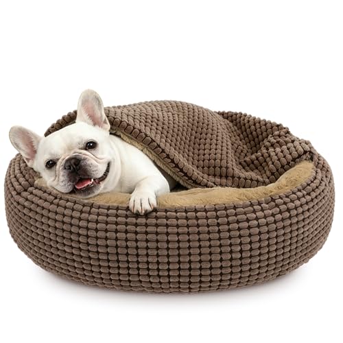 Dog Bed with Attached Blanket for Small Dogs or Cats, Soft Plush Cozy Donut Cuddler Hooded Pet Beds Washable. Round Puppy Bed Orthopedic, Calming Cat Cave Bed. Anti-Slip Bottom 26inch - color: Dark Brown, size: M(26''x26''x8'')