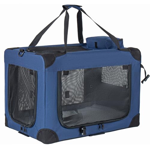 Portable Collapsible Soft Pet Crate, 3 Doors Breathable Mesh Dog Travel Kennel with Side Pocket, Washable Cushion & Adjustable Shoulder Strap for Car Travel Indoor Use (Dark Blue -36 in) - color: Dark Blue -36 in