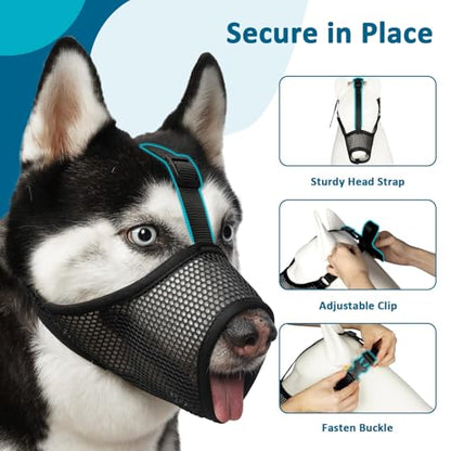 LUCKYPAW Dog Muzzle, Mesh Muzzle for Large Medium Small Dogs, Soft Mouth Guard to Prevent Biting Chewing with Adjustable Head Strap, Perfect for Vet Visit(Black, XL) - size: XL
