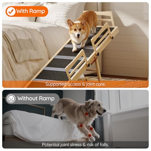 HOOBRO Dog Ramp for Bed, 47.2" Long Foldable Pet Ramp with Non-Slip Mat and Side Rails, Wooden Dog Ramp for High Beds, Couch and Car, 5 Height Adjustable from 15.6" to 25.2", Natural, NB42PT03 - size: 47.2"L x 17.7"W x 3.7"H
