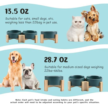 SPUNKYJUNKY 15° Slanted Ceramic Dog and Cat Bowl with Wooden Stand, Tilted Bulldog Food and Water Bowl No Slip Non-Spill for Cats Medium Dogs Big Face Pets 28.7 OZ (3.6 Cups, Green × 2) - color: Green, size: 3.6 CUPS × 2