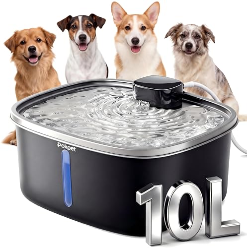 Dog Water Fountain Indoor Homes Stainless Steel 10L/2.64GAL Plug in Plastic Reservoir Stainless Steel Water Bowl Filtered Multi-Pet Quiet Large Black Plug-in &1Filter