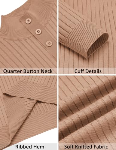 COOFANDY Mens Quarter Button Sweater Long Sleeve Stand Collar Sweaters Casual Knitted Ribbed Dress Pullover - color: Apricot, size: Small