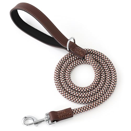 Mile High Life Leather Handle Dog Leash 6 FT/5 FT/4 FT, Soft Padded Handle Rope Leashes for Medium & Large Dogs Walking and Training (Brown Checkered, 48 Inch) - color: Leather Handle-Brown, size: 48 Inch-1/2"