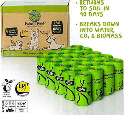 PLANET POOP Home Compostable Dog Poop Bags Extra-long with Handles 240 Un-Scented Pet Waste Bags Plastic Free, Thick Leakproof Plant-Based Doggy Bag, Cats & Dogs Pet Supplies - size: 240 Count (Pack of 1)