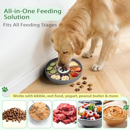 Slow Feeder Dog Bowl Silicone Suction Cup Anti Spill Dogs Cats Grey | strong suction base prevents sliding, extends mealtime, reduces anxiety, textured surface, dishwasher safe - color: Grey
