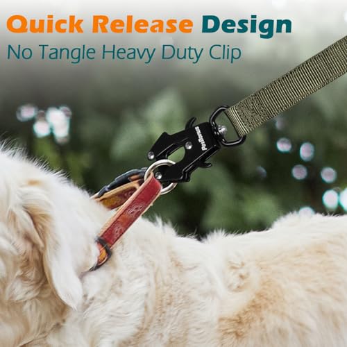 PetBonus Heavy Duty Tactical Dog Leash, 5 FT Bungee Shock Absorption Leash with 2 Padded Handles, Quick Release Metal Clip, Car Seatbelt, No Pull Training Lead for Large Medium Dogs（Army Green） - color: Army Green