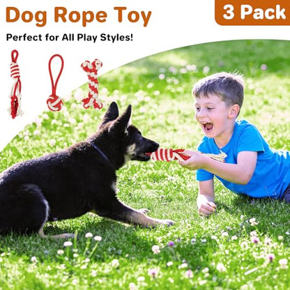 3 Pack Cotton Rope Dog Toy Set, Indestructible Chew Toys for Aggressive Chewers, Puppy Teething Toys with Bone, Human & Rope Dog Ball Designs for Boredom Relief & Tug of War， Red-White - style: Red-White suit（3 pack）