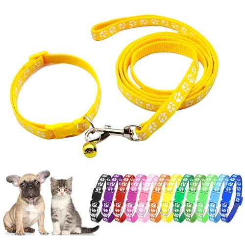 Yellow Cat Collar with Bell Leash Set, Puppy Dog Collar with Bell Pawprint Adjustable Kitten Collar for Tiny Little XXS XS Extra Small Breed Pets Girls Boys - color: Yellow