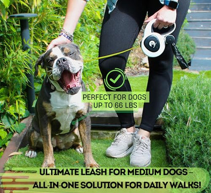 Snuggle Paws Retractable Dog Leash 16ft – Heavy Duty All-in-One Dog Leash with LED Flashlight, Poop Bag Holder, Chew Proof Steel Cable & Reflective Tape – Size M - size: M | 16.4 ft | 66 lbs