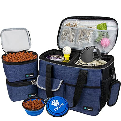 PetAmi Dog Travel Bag Organizer, Pet Travel Kit with 2 Food Containers & 2 Collapsible Dog Bowls, Pet Supplies Tote with Luggage Sleeve, Weekend Road Trip Camping Essentials, Navy Blue, Medium - color: Navy, size: Medium - 14.5"L x 8"W x 12.0"H