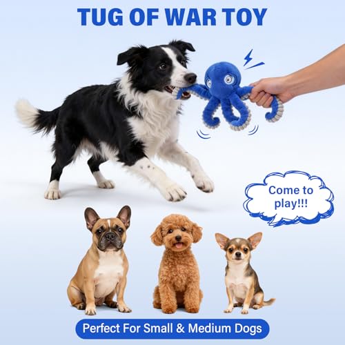 Dog Octopus Squeaky Toys, Interactive Tug of War Doggie Toy with Crazy Crinkle for Pet Dogs Use Only, Stuffed Plush Octopus Toy for Puppies Keep Busy Reduce Boredom (Blue,4" x 4.8") - color: Blue