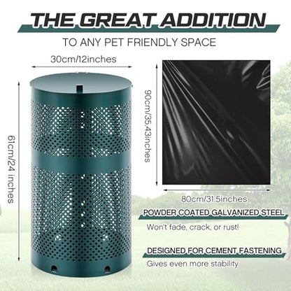 Dansydaisy Dog Waste Station Outdoor Round 10 Gallon Dog Poop Trash Can with Lid and 100 Liner Bags, Rustproof UV Powder Coated - Designed to Mount on Wall Post (Green)