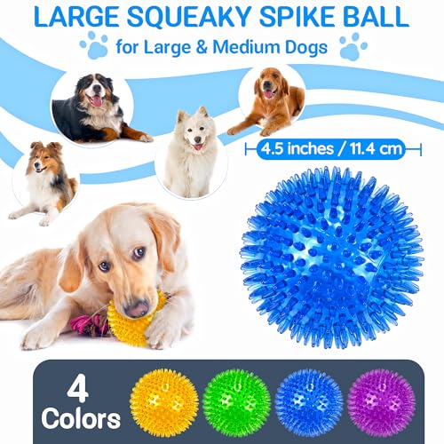 LECHONG 4-Pack Large Squeaky Dog Balls, 4.5" Rubber Spiky Dog Balls for Large Medium Aggressive Chewers Teeth Cleaning, Chew Toy for Training & Boredom Buster - size: L 4PACK