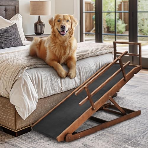 Dog Ramp for Bed & Couch, 5-Level Adjustable Wooden Pet Ramp for Bed & SUV, Adjustable Height 15.7"-23.6",Folding Non Slip Dog Ramps for Small Large Senior Dogs & Cats - Furniture Quality - size: M-for 23.6''H Bed