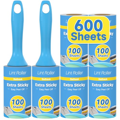 Swihauk 600 Sheets Extra Sticky Lint Rollers for Pet Hair, Easy Spiral Tear Lint Roller for Clothes with Ergonomic Handle, Multipurpose Lint Remover for Furniture, Carpet, Car Seat - size: 600 Sheets