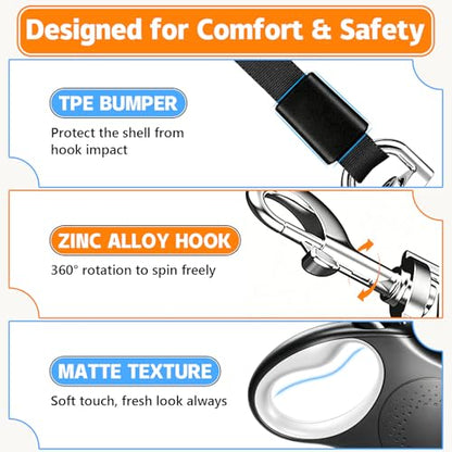 Retractable Dog Leash 16FT for Small & Medium Dogs up to 55 lbs – Tangle-Free 360° Swivel, One-Hand Dual Brake & Lock, Comfortable Anti-Slip Grip for Safe Daily Walks