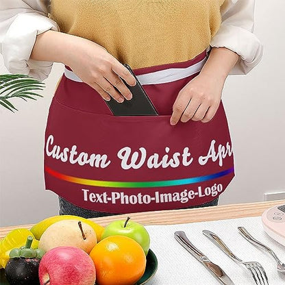 sophiehome Custom Waist Apron with Pockets Add Photo Logo Name Personalized Waiter Server Short Aprons for Kitchen - color: Cardinal