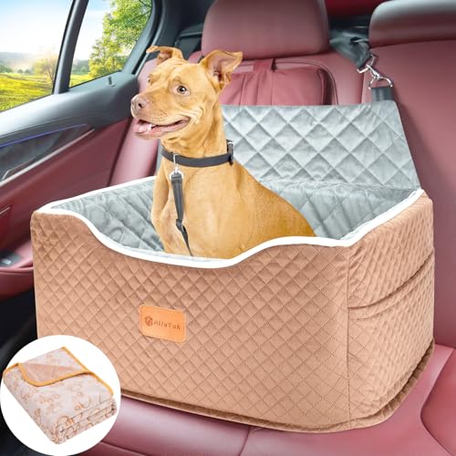 AlfaTok Dog Car Seat, Memory Foam Booster for Medium Dogs up to 45 lbs, Detachable Washable Elevated Travel Bed with Anti-Slip Base and Safety Belt - color: Brown, size: Medium