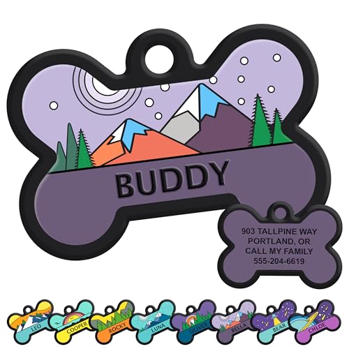 GoTags Silent Dog Tag, Personalized Engraved Bone Silicone Pet ID Tag | Dog and Cat Name, Number Address or Message, 5 Lines Custom Text, Soundless No More Jingling Dog Tags (Mountain Purple) - size: Bone (Pack of 1), style: Mountain Purple