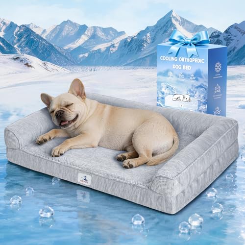 Cooling Dog Bed for Small Dogs, Orthopedic Dog Bed with Pillow Memory Foam Waterproof Couch Removable Cover Washable Nylon Pet Sofa with Non Slip Bottom Indoor Outdoor (30" Grey) - color: Frosted Grey, size: 30x20x6inch
