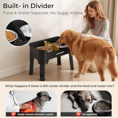 URPOWER Mess Proof Elevated Dog Bowls, High Wall Splash Guard Design, 4 Height Adjustable Raised Bowl Stand, 2 Stainless Steel Bowls, Non-Slip Food Water Set for Small Medium Large Dogs - color: Black, size: Medium