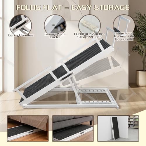 Dog Ramp for Bed - 7-Level Adjustable (13"-37") Birchwood, 60" Foldable Soft Carpet Ramp with Removable Washable Cover & Rails, for High Bed/Couch, DIY Glow Strips, Supports 200 Lbs - color: White - Carpet Style