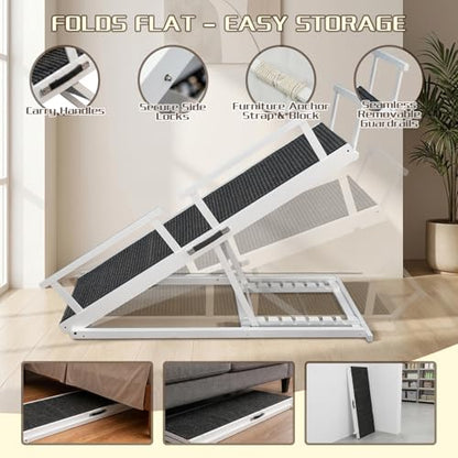 Dog Ramp for Bed - 7-Level Adjustable (13"-37") Birchwood, 60" Foldable Soft Carpet Ramp with Removable Washable Cover & Rails, for High Bed/Couch, DIY Glow Strips, Supports 200 Lbs - color: White - Carpet Style