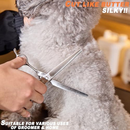 High-end Professional Dog Grooming Curved Thinning Scissors Teeth Blending Shears Pet Texturizing Thinner Blender Shears 7 Inch Extremely Very Sharp Made Of Stainless Steel Alloy For Dog Cat Groomer - style: 7inch Tiny Teeth Curved Thinning