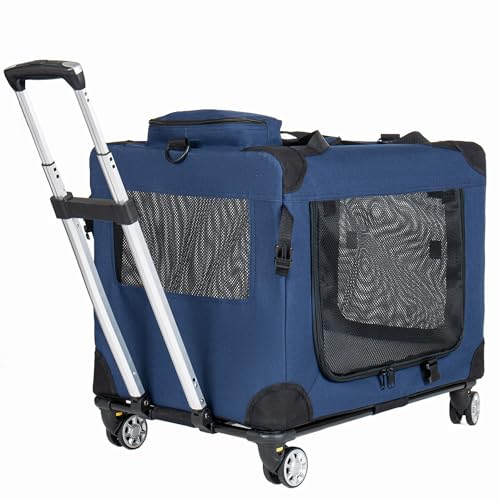 Portable Collapsible Soft Pet Crate, 3 Doors Breathable Mesh Dog Travel Kennel with Side Pocket, Washable Cushion & Adjustable Shoulder Strap for Car Travel Indoor Use (Dark Blue -28 in) - color: Dark Blue -28 in