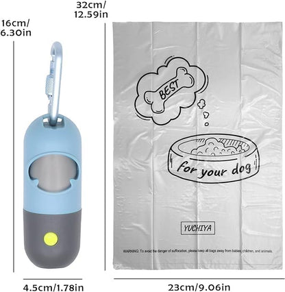 Dog Poop Bag Holder with LED Flashlight for Night Walks,Silicone Tether & Panda Pattern Clip for Used Bags, Hands-Free Metal Leash Carabiner, Includes 15 Scented Waste Bags (Blue) - color: Blue