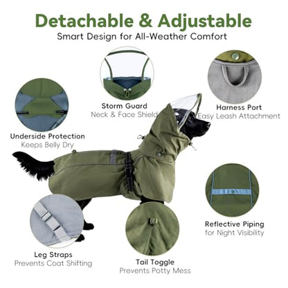 Waterproof Dog Rain Coat, Breathable Windproof Dog Raincoat with Adjustable Strip, Leash Port, Removable Hood, Reflective Full-Body Coverage Pet Poncho | Medium Dogs, Green (2XL) - size: 2XL-Fit for 18 to 28 pounds