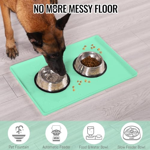 MateeyLife Dog & Cat Food Mat - Waterproof, Nonslip, Raised Edges, Silicone Tray for Messy Drinkers, 24"x16", Mint Green - color: Green, size: 24''×16''