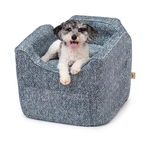 Snoozer Dog Car Seat with Storage Tray: Lookout II Dog Booster Car Seat for Pets up to 18lbs, Helps Alleviate Travel Sickness & Fear for Dogs, Removable Washable Cover – Palmer Indigo, Size Small - color: Palmer Indigo, size: Small
