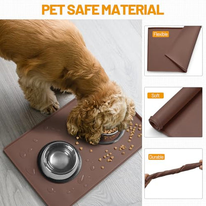 Hubulk Dog Feeding Mat,100% Waterproof Food Grade Silicone Pet Food and Water Bowl Placemat,Dishwasher, High Raised Edge to Prevent Spills,Nonslip Tray to Stop Messes on Floor（28"x18"x0.8", Brown） - color: Brown, size: 28"l X 18"w