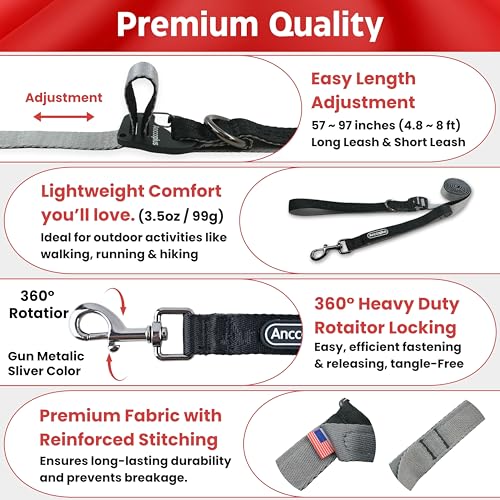 Anccoplus Hands Free Dog Leash, Multifunctional Crossbody Running for Dogs, Ultra-Light Dog Training Leash with Secure Clip, Short & Long Leashes, Adjustable Service Dog Leashes (Black Gray) - color: Black Gray