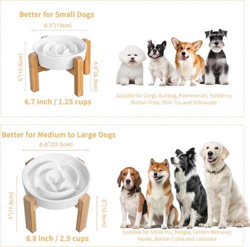 Elevated Slow Feeder Dog Bowl Large Breed, 8.8 Inch Ceramic Slow Eating Bowl with Screw-Assembled Bamboo Stand, Anti-Choking Raised Maze Design for Medium to Large Dogs, 3.2 Cup, White - color: White, size: 3.2 Cup（Screw Style）