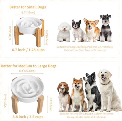 Elevated Slow Feeder Dog Bowl Large Breed, 8.8 Inch Ceramic Slow Eating Bowl with Screw-Assembled Bamboo Stand, Anti-Choking Raised Maze Design for Medium to Large Dogs, 3.2 Cup, White - color: White, size: 3.2 Cup（Screw Style）