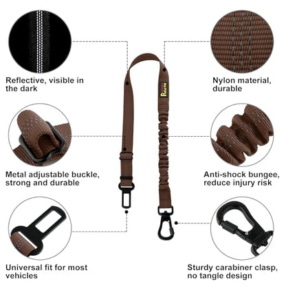 Plutus Pet Dog Seat Belt for Car, Adjustable Dog Car Harness with Carabiner Clip, Reflective Safety Dog Seatbelt Leash with Elastic Bungee, Chocolate - color: Chocolate