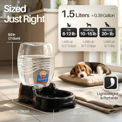 Flexzion Automatic Gravity Pet Waterer for Cat & Dog - Non-Skid & Easy-Clean Auto Replenish Water Dispenser Drinking Bowl (3/8 Gallon / 1.5L), Black - color: Black, size: 1.5 L