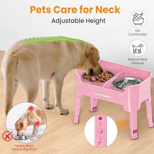 URPOWER 3-in-1 Elevated Dog Bowls - Mess Proof Double Deck 4 Height Adjustable Raised Stand with 2 Stainless Steel Food Bowls & Licking Plate for Small, Medium & Large Dogs - color: Pink, size: Large