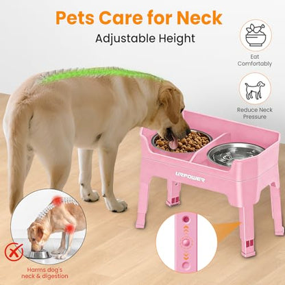 URPOWER 3-in-1 Elevated Dog Bowls - Mess Proof Double Deck 4 Height Adjustable Raised Stand with 2 Stainless Steel Food Bowls & Licking Plate for Small, Medium & Large Dogs - color: Pink, size: Large