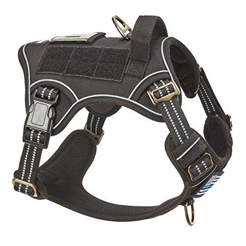 BUMBIN Tactical Dog Harness for Medium Dogs, No Pull, Reflective, Adjustable, Black, M(Neck:16-20", Chest:17-27") - color: Black, size: M(Neck:16-20", Chest:17-27")