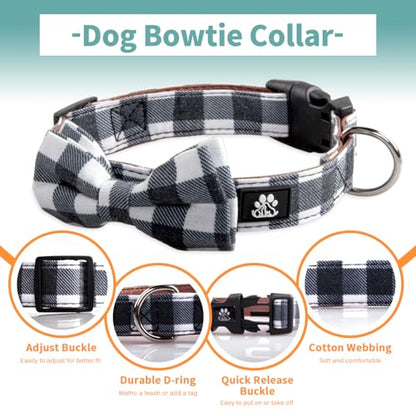 IVY&LANE Dog Collar with Bowtie and Leash Set | Plaid Adjustable Dog Collar | Detachable Bow Tie |5 FT Dog Leash | for Small Medium Large Dogs | Checkered Black | Small - color: Checkered Black, size: S